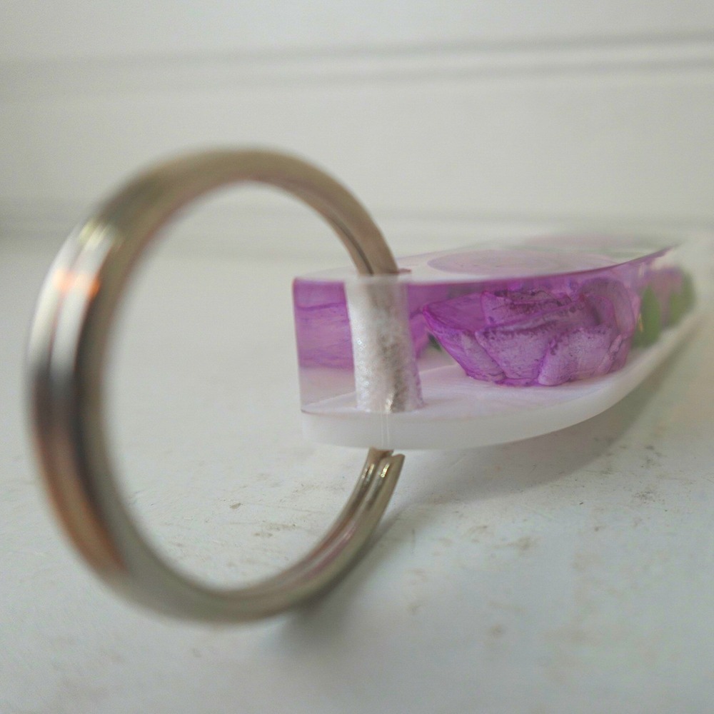 Purple Flower Keychain Bag Charm Two Stem Roses Handmade Resin Fob Holder - Picture 6 of 8